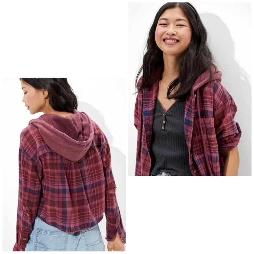 American Eagle Red Hooded Cropped Distressed Flannel Long Sleeve Shirt Small